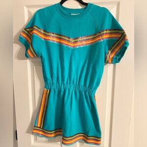 QOS Teal Dress with Rainbow Sequin Stripes